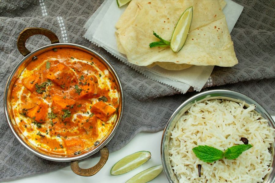 Paneer curry with rice and papad